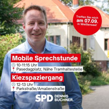 Mobile Sprechstunde am kommenden Samstag, 07. September 2024 + Kiezspaziergang “Weißensee heute – Welche Themen beschäftigen die Politik?”