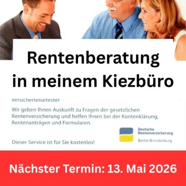 Rentenberatung in meinem Kiezbüro – Jetzt noch einen Termin sichern für den 13. Mai 2026