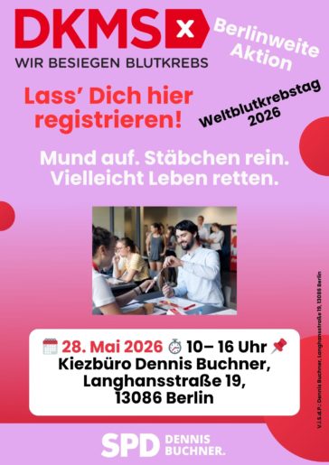 Weltblutkrebstag am 28. Mai: DKMS-Registrierungsaktion in meinem Kiezbüro