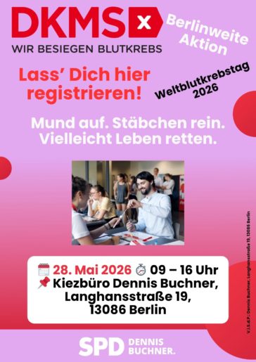 Weltblutkrebstag am 28. Mai: DKMS-Registrierungsaktion in meinem Kiezbüro
