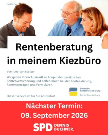 Rentenberatung in meinem Kiezbüro – Jetzt noch einen Termin sichern für den 09. September 2026