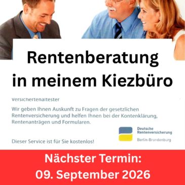 Rentenberatung in meinem Kiezbüro – Jetzt noch einen Termin sichern für den 09. September 2026