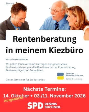 Ausgebucht im Oktober – Nächste Termine zur Rentenberatung in meinem Kiezbüro im November – Jetzt noch einen Termin sichern für den 03. + 11 . November 2026