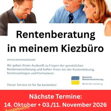 Ausgebucht im Oktober – Nächste Termine zur Rentenberatung in meinem Kiezbüro im November – Jetzt noch einen Termin sichern für den 03. + 11 . November 2026